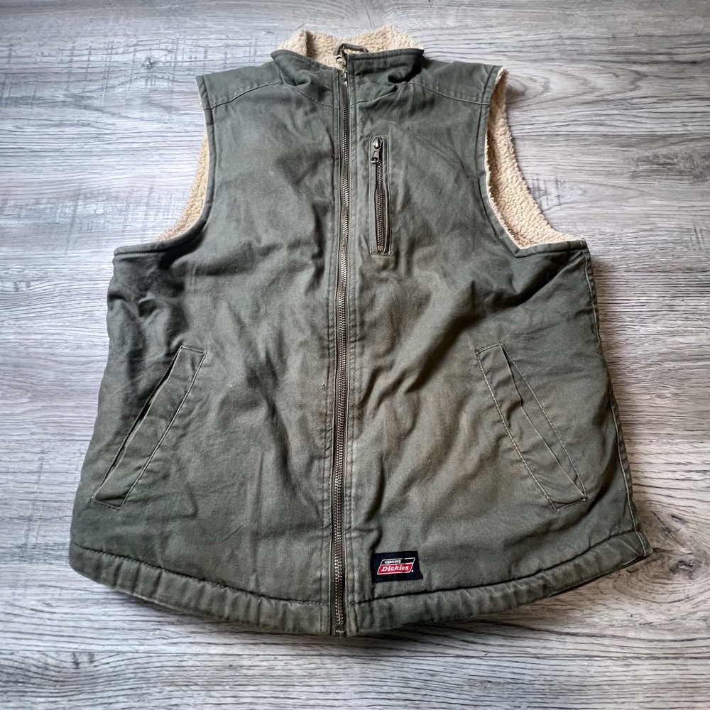 Genuine Dickies Work Vest Mens Medium Olive Green Sherpa Lined Canvas Full Zip